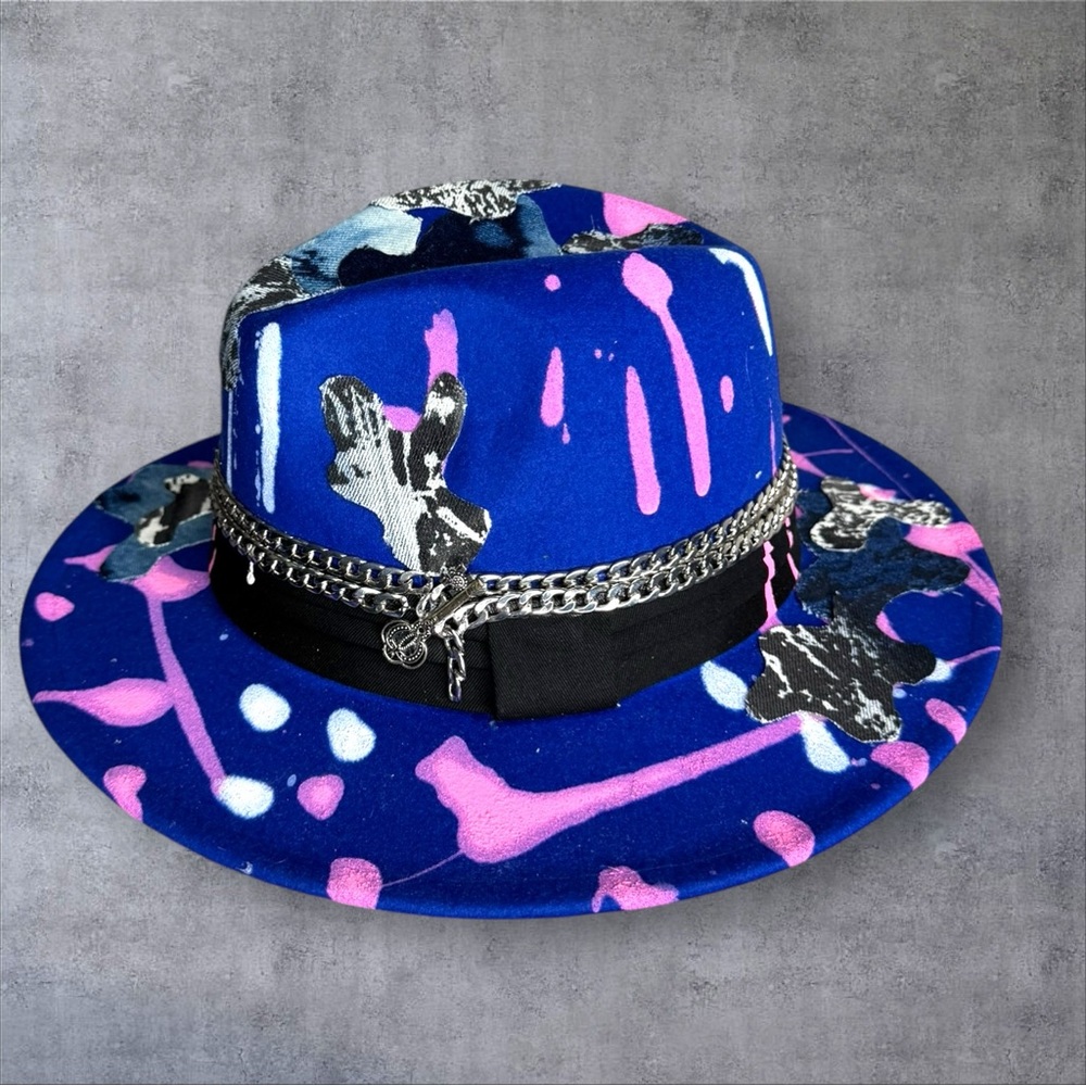 Blue And Pink Patterned Fedora Hat - image 3